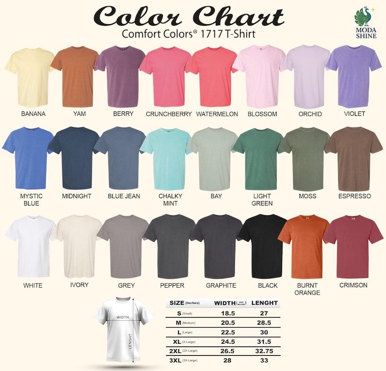 The image is a color chart for a 1717 T-shirt, displaying various comfort colors in a grid format.