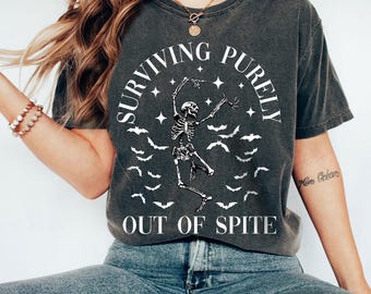 Comfort Colors® Surviving Purely out of Spite Shirt, Gothic Celestial Skeleton and Bats Shirt, Bat Lover Gothic Boho Garment Dyed Shirt