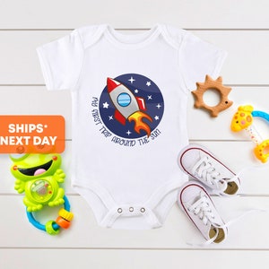 Rocket Ship Birthday Onesie®, First Trip Around The Sun Birthday Toddler Onesie®,  Spaceship Birthday Onesie®, 1st Birthday Gift