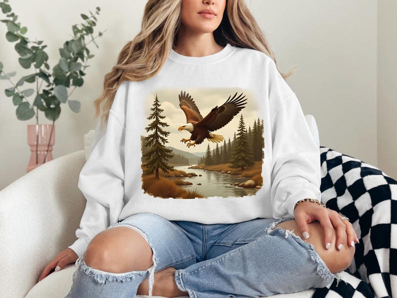 Retro Bald Eagle River Scene Sweatshirt, 90s Birds Of Prey Forest Nature Outfit, Boho Unisex Crewneck Sweatshirt, Nature Camping Shirt image 2