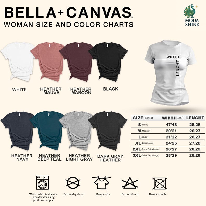 The image is a collection of t-shirt designs and size charts, including various color options and corresponding measurements.
