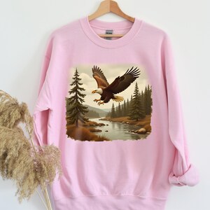 Retro Bald Eagle River Scene Sweatshirt, 90s Birds Of Prey Forest Nature Outfit, Boho Unisex Crewneck Sweatshirt, Nature Camping Shirt image 5