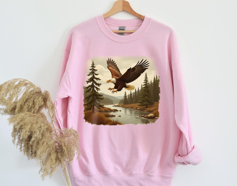 Retro Bald Eagle River Scene Sweatshirt, 90s Birds Of Prey Forest Nature Outfit, Boho Unisex Crewneck Sweatshirt, Nature Camping Shirt image 5