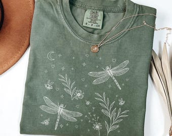 Comfort Colors® Dragonfly Nature Shirt, Flower Lover Gift, Plant Womens Clothing, Gardening Tee, Cute Wildflowers Aesthetic, Dandelion Shirt