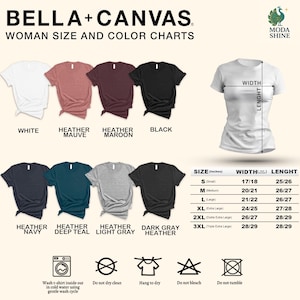 The image is a collection of t-shirt designs and size charts, including various color options and corresponding measurements.