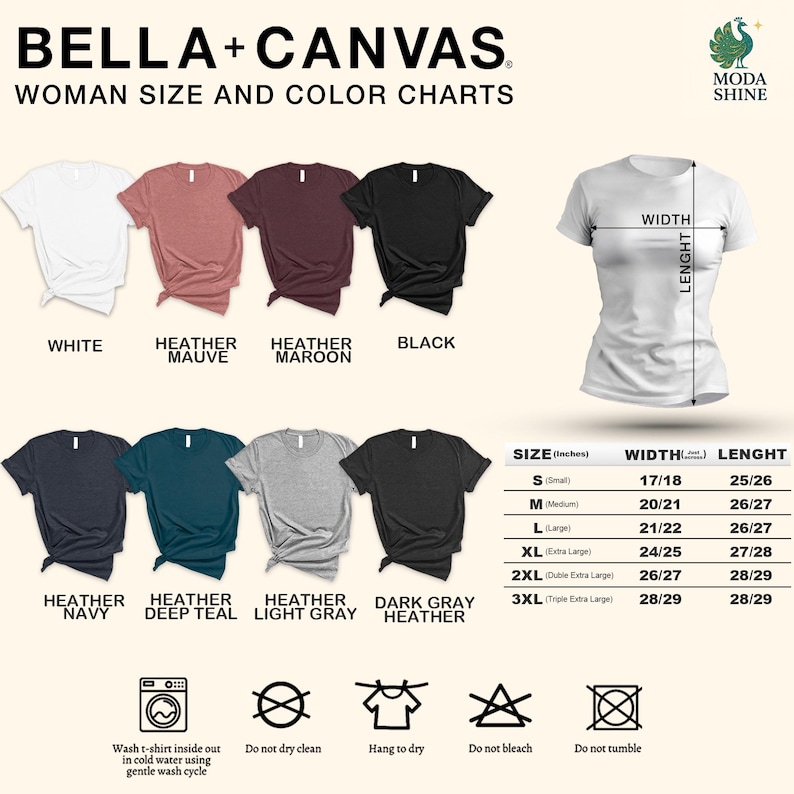 The image is a collection of t-shirt designs and size charts, including various color options and corresponding measurements.