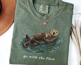 Go With The Flow Shirt, Cute Otter Comfort Colors® Tee, Sea Otter Lover Gift, Vintage Sea Otter Nature Graphic T-shirt, Ocean Life Apparel