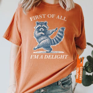 Puede incluir: Camiseta naranja quemado con un gr&aacute;fico de mapache azul y blanco. El texto "FIRST OF ALL I'M A DELIGHT" est&aacute; impreso en blanco. La camiseta tiene mangas cortas y un corte holgado. La etiqueta de la camiseta dice "COMFORT COLORS".