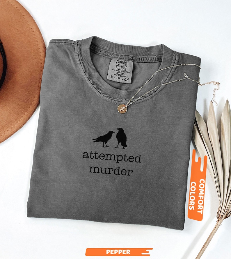 May include: Grey t-shirt with the words "attempted murder" and a graphic of two crows. The shirt has a crew neck and short sleeves. A silver necklace with a pendant is draped on the shirt. The shirt is labelled "Comfort Colors".