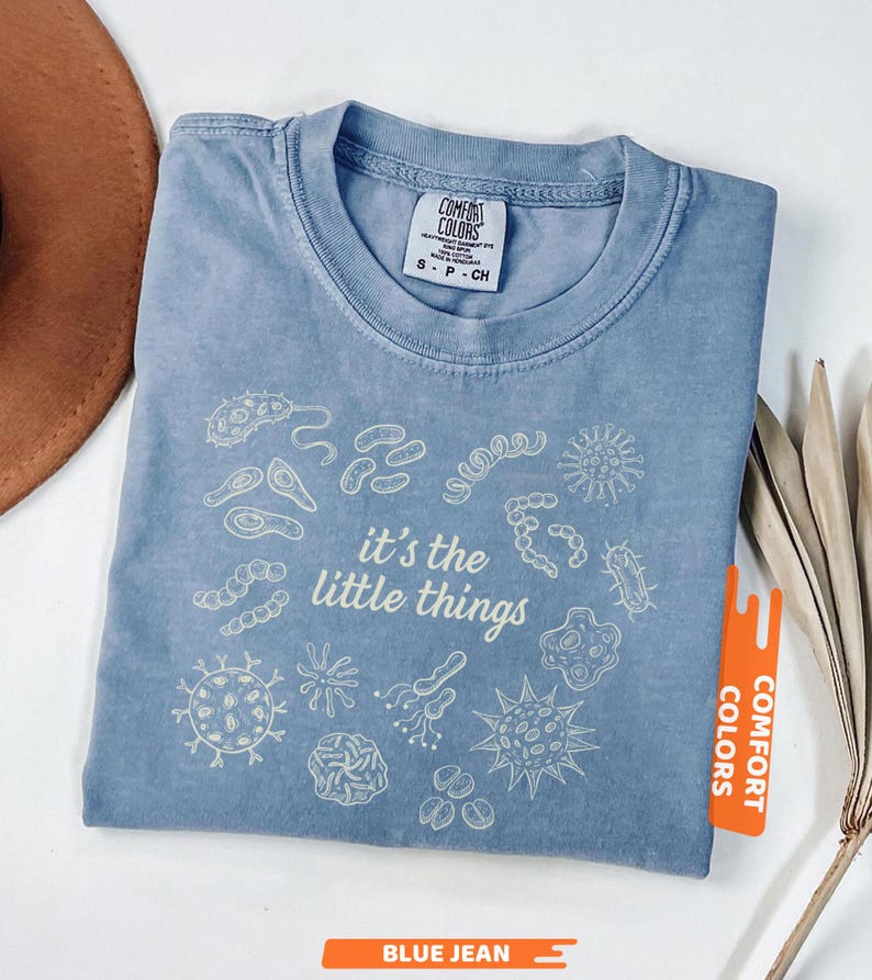 May include: Blue jean colored t-shirt with the text "it's the little things" and various microbe illustrations. The shirt is a Comfort Colors brand, size small. A brown hat and dried plant are in the background.