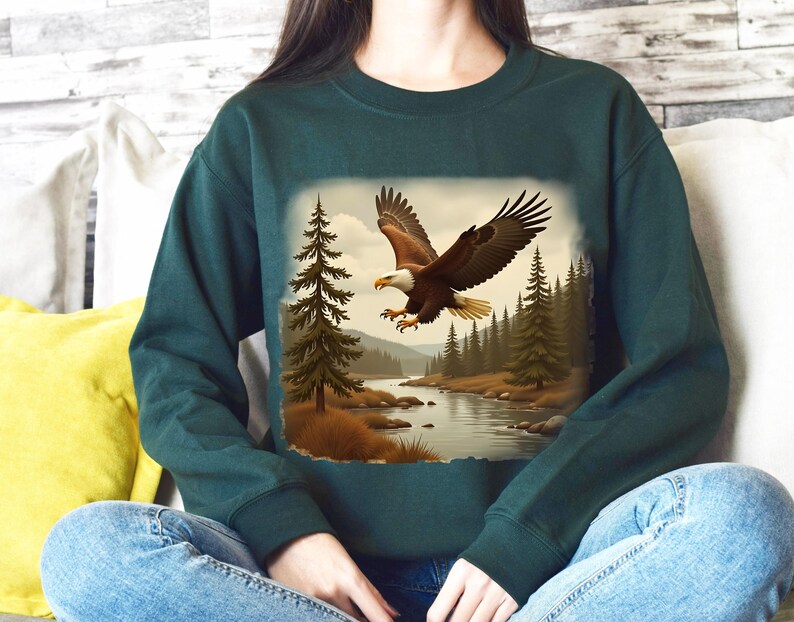 Retro Bald Eagle River Scene Sweatshirt, 90s Birds Of Prey Forest Nature Outfit, Boho Unisex Crewneck Sweatshirt, Nature Camping Shirt image 4