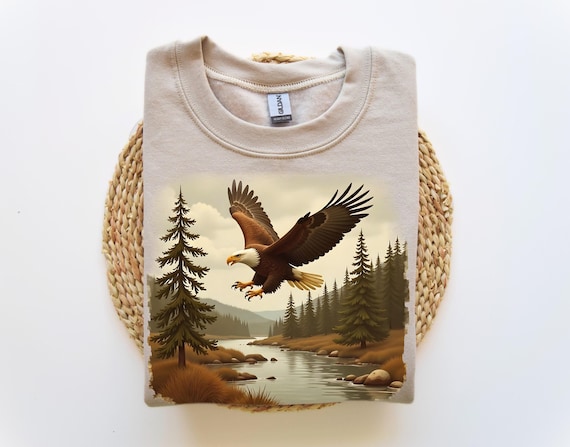 Retro Bald Eagle River Scene Sweatshirt, 90s Birds Of Prey Forest Nature Outfit, Boho Unisex Crewneck Sweatshirt, Nature Camping Shirt