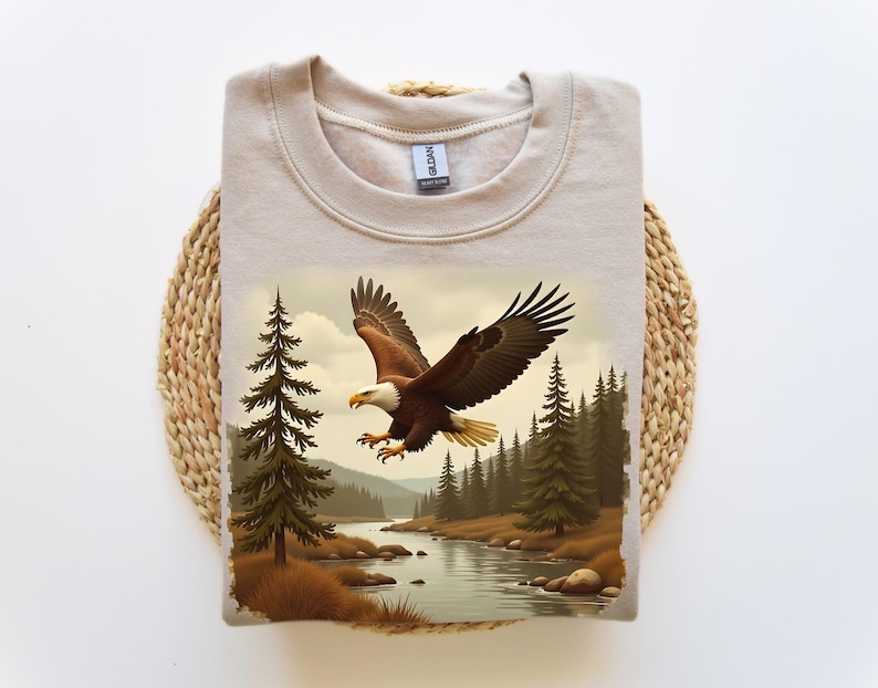 Retro Bald Eagle River Scene Sweatshirt, 90s Birds Of Prey Forest Nature Outfit, Boho Unisex Crewneck Sweatshirt, Nature Camping Shirt image 1