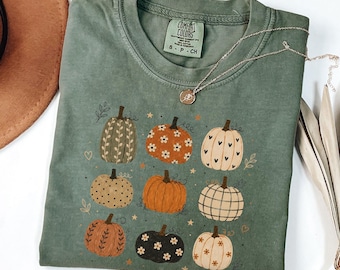 Boho Pumpkin Comfort Colors® Shirt Cute Fall Pumpkin Pattern Tee, Thanksgiving T-Shirt, Autumn Aesthetic Cottagecore Harvest Season T shirt