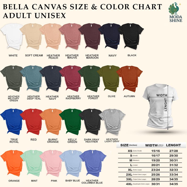 The image is a color chart for adult unisex t-shirts, displaying a variety of colors and sizes.