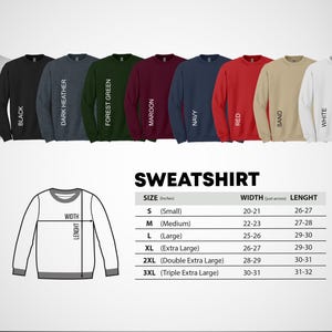 a collection of sweatshirts in various colors and sizes, along with a size chart for selecting the appropriate size.