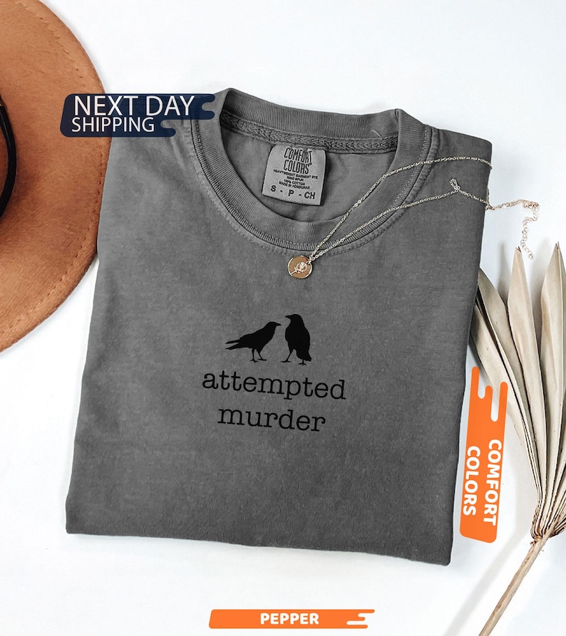May include: A grey t-shirt featuring the words "attempted murder" beneath a graphic of two black crows. A silver necklace with a small pendant lies on the shirt. The t-shirt is labelled "Comfort Colors" and is size small.