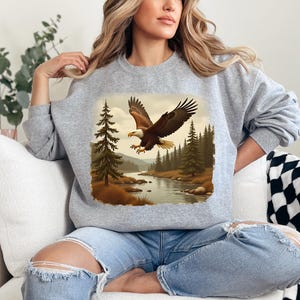 Retro Bald Eagle River Scene Sweatshirt, 90s Birds Of Prey Forest Nature Outfit, Boho Unisex Crewneck Sweatshirt, Nature Camping Shirt image 3