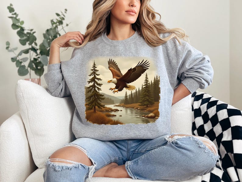 Retro Bald Eagle River Scene Sweatshirt, 90s Birds Of Prey Forest Nature Outfit, Boho Unisex Crewneck Sweatshirt, Nature Camping Shirt image 3