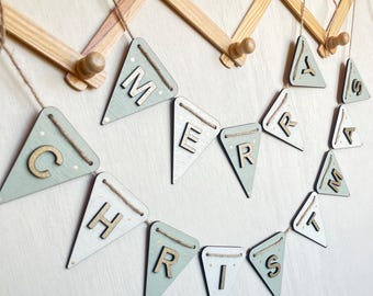 Merry Christmas bunting decorations for fireplace sage and gold bunting wooden Christmas garland Xmas garland decorations for festive party
