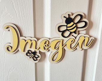 Personalised Bee Name Sign: Wooden Nursery Decor, Custom Animal Door Sign