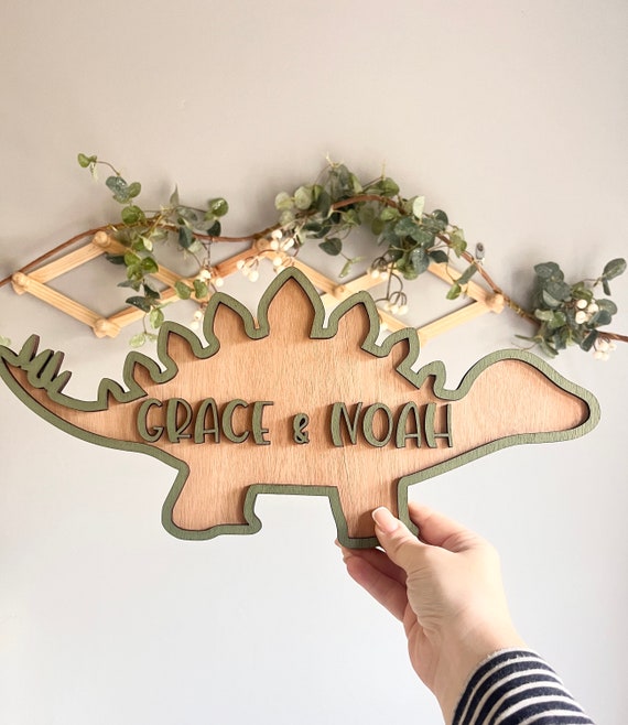 Large Dinosaur Name sign Personalised Stegosaurus Nursery door sign wooden playroom wall plaque gift for son Custom dinosaur toy box sign