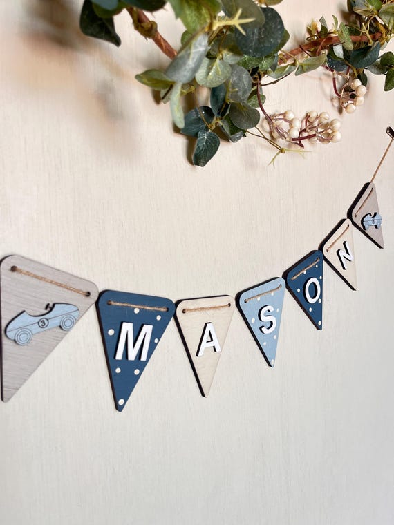 Vintage Car Name Bunting Wooden Nursery Decor boys personalised boy wall garland gift for grandson kid bedroom car theme toddler room decor