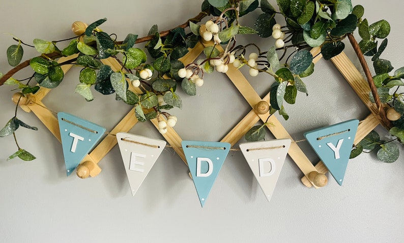 Nursery bunting personalised boys bunting baby nursery garland wooden baby wall art nursery decor handmade banners gift for boys nursery Sky blue/Grey