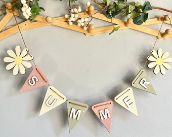 Summer Wooden Bunting Party Garland Home Decor Seasonal decoration pink pastel floral spring  summer banner with daisy decoration fire place