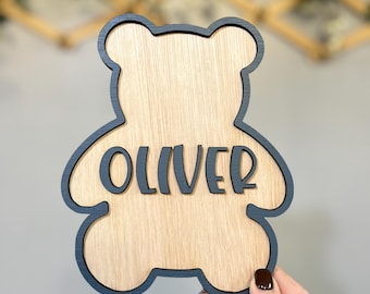 Teddy Bear name Sign Personalised wooden door Sign Blue Bear Nursery decor kids bedroom decor Custom door plaque gift for newborn baby boy