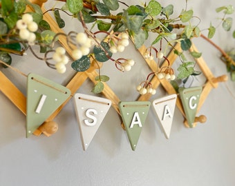 Sage bunting personalised wooden name sign for nursery boy boho decor for nursery bunting for baby boy nursery decor green boy nursery sign