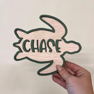 May include: Wooden turtle-shaped sign with the name "CHASE" in green letters. The turtle outline is green, and the inside is a light wood colour. A hand is holding the sign.