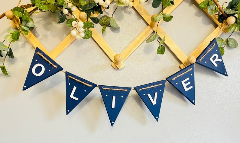 Nursery bunting personalised boys bunting baby nursery garland wooden baby wall art nursery decor handmade banners gift for boys nursery Navy