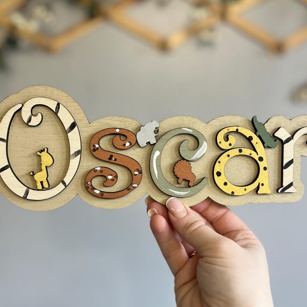 Letrero personalizado para cofre de juguetes, letras de madera, placa para caja de juguetes de safari, letrero con el nombre del niño, decoración de guardería de safari, letrero para puerta de niños, decoración para caja de juguetes con nombre
