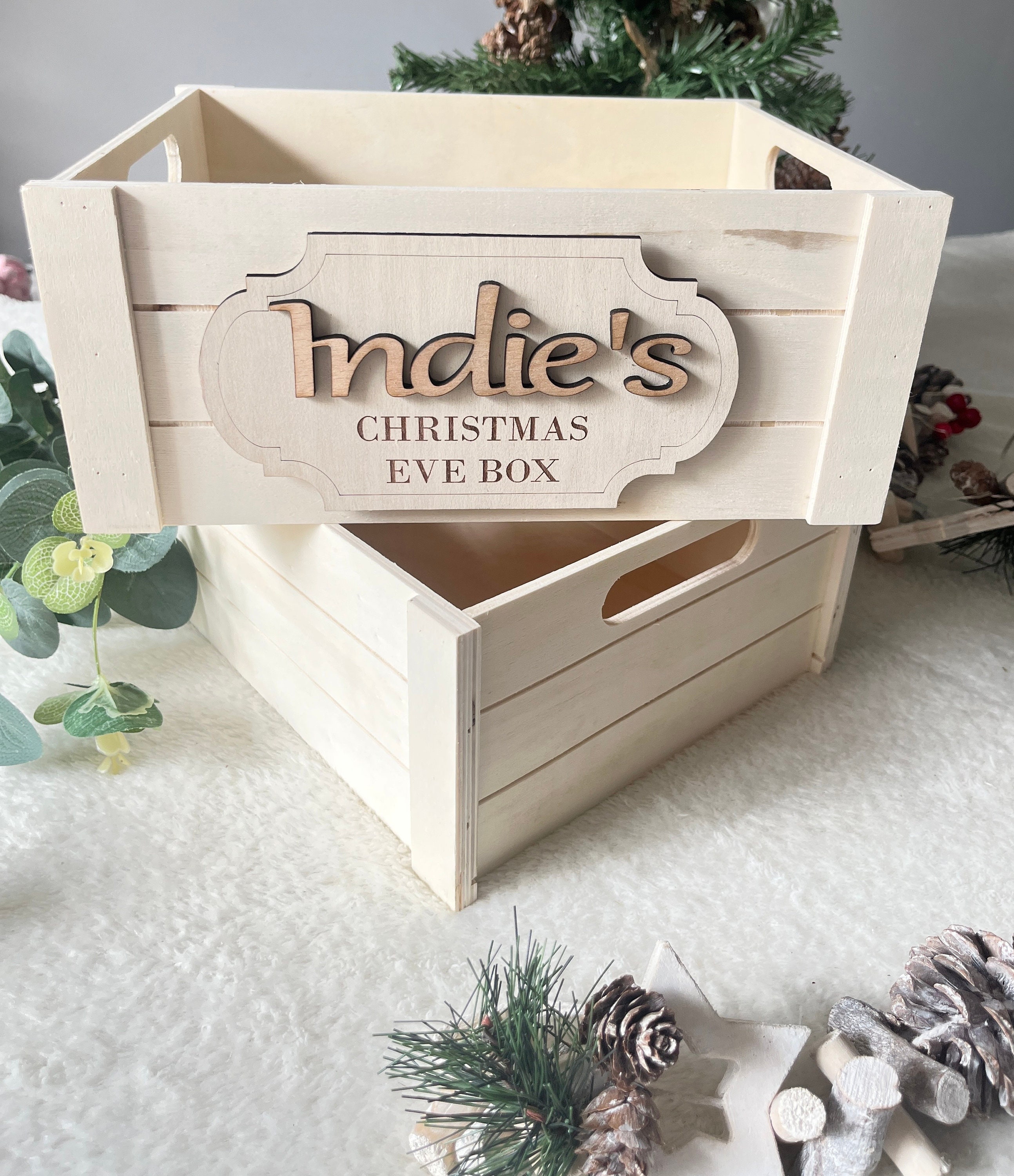 Christmas Eve Box Plaque Xmas Eve Box Ideas Personalised Name Sign for Girl  Engraved Wooden Name Keepsake Gift Box for Kids Crate Sign