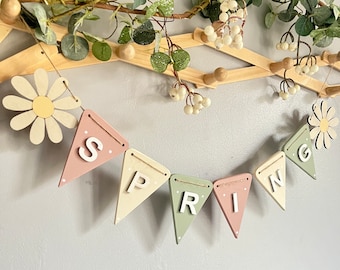 Spring bunting decor Spring garland for Easter decorations wooden bunting pastel spring decorations for living room gift for mother-in -law