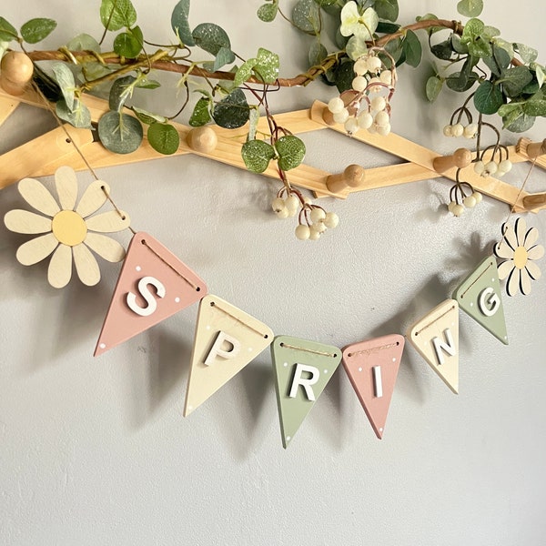 Spring bunting decor Spring garland for Easter decorations wooden bunting pastel spring decorations for living room gift for mother-in -law