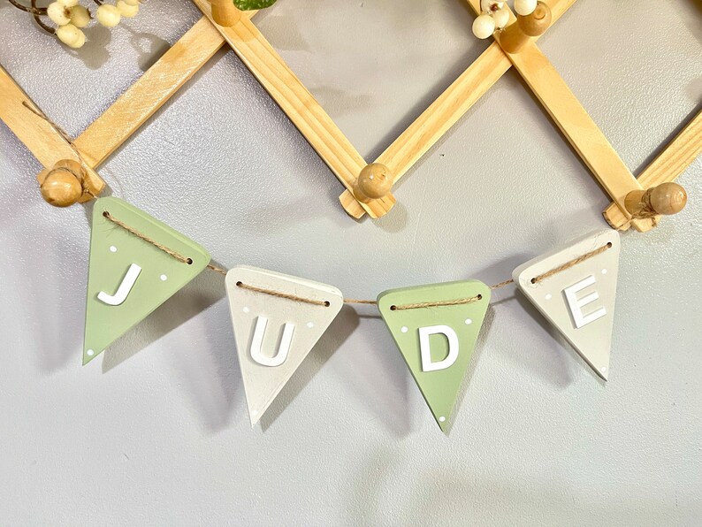 Nursery bunting personalised boys bunting baby nursery garland wooden baby wall art nursery decor handmade banners gift for boys nursery Sage/Grey