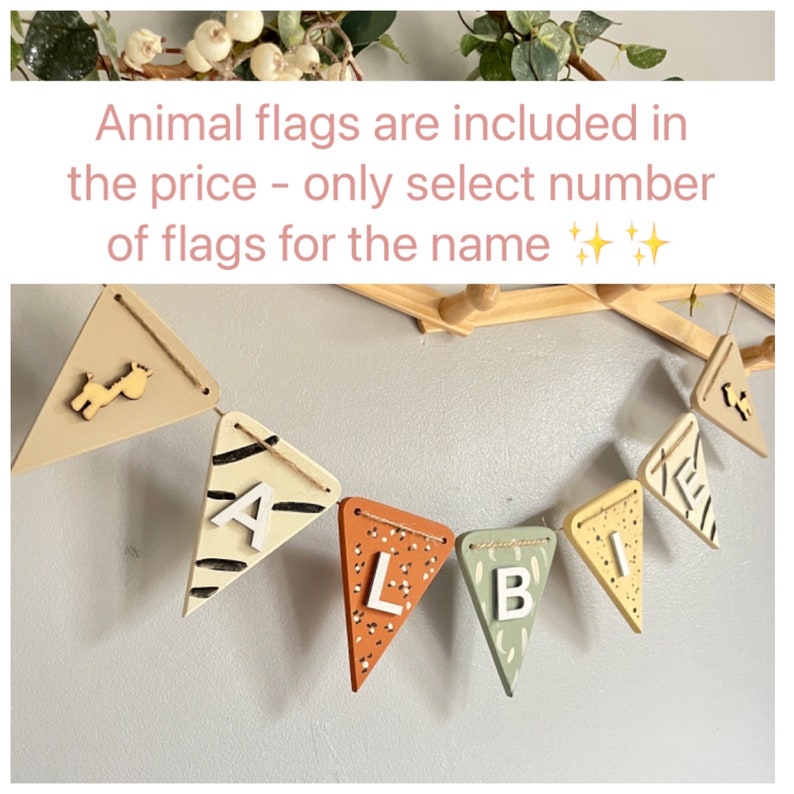 Safari bunting Kinderkamer bunting Jungle slinger babycadeau voor jungle thema houten Gepersonaliseerde bunting babynaam dieren safari kinderkamer decor afbeelding 3