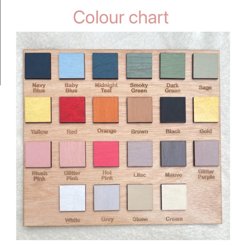 May include: Color chart with 24 paint color swatches. The colors are: Navy Blue, Baby Blue, Midnight Teal, Smoky Green, Dark Green, Sage, Yellow, Red, Orange, Brown, Black, Gold, Blush Pink, Glitter Pink, Hot Pink, Lilac, Mauve, Glitter Purple, White, Grey, Stone, Cream.