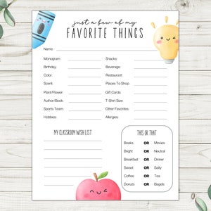 Teacher Favorite Things Survey Printable, All About My Teacher Form, Back to School Ideas, Teacher Questionnaire, Instant Download PDF