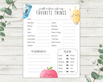 Teacher Favorite Things Survey Printable, All About My Teacher Form, Back to School Ideas, Teacher Questionnaire, Instant Download PDF
