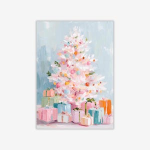 May include: A painting depicting a pastel Christmas tree decorated with colourful baubles. The tree is surrounded by wrapped presents in shades of pink, blue, green, and orange, set against a light blue backdrop.