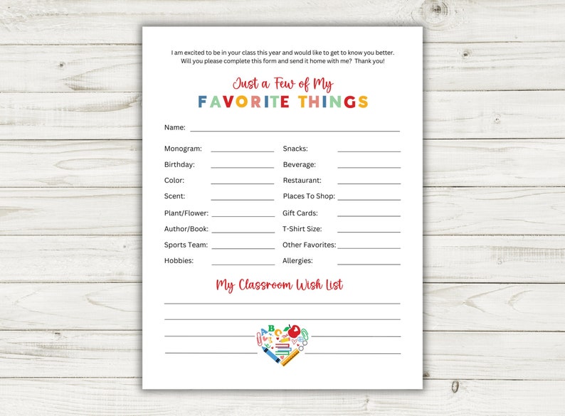 Printable Teacher Favorite Things Survey All About My Teacher Etsy