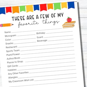 Teacher Favorite Things Survey Printable Instant Download Teacher
