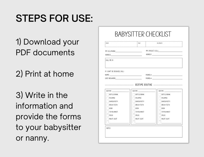 Babysitter Planner Printable, Instant Download PDF, Nanny, Babysitter ...