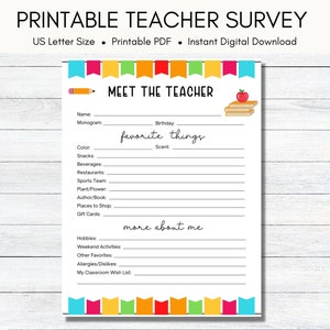 Teacher Favorite Things Questionnaire, Printable Instant Download, Teacher Survey Template, All About My Teacher Form, Back to School Idea
