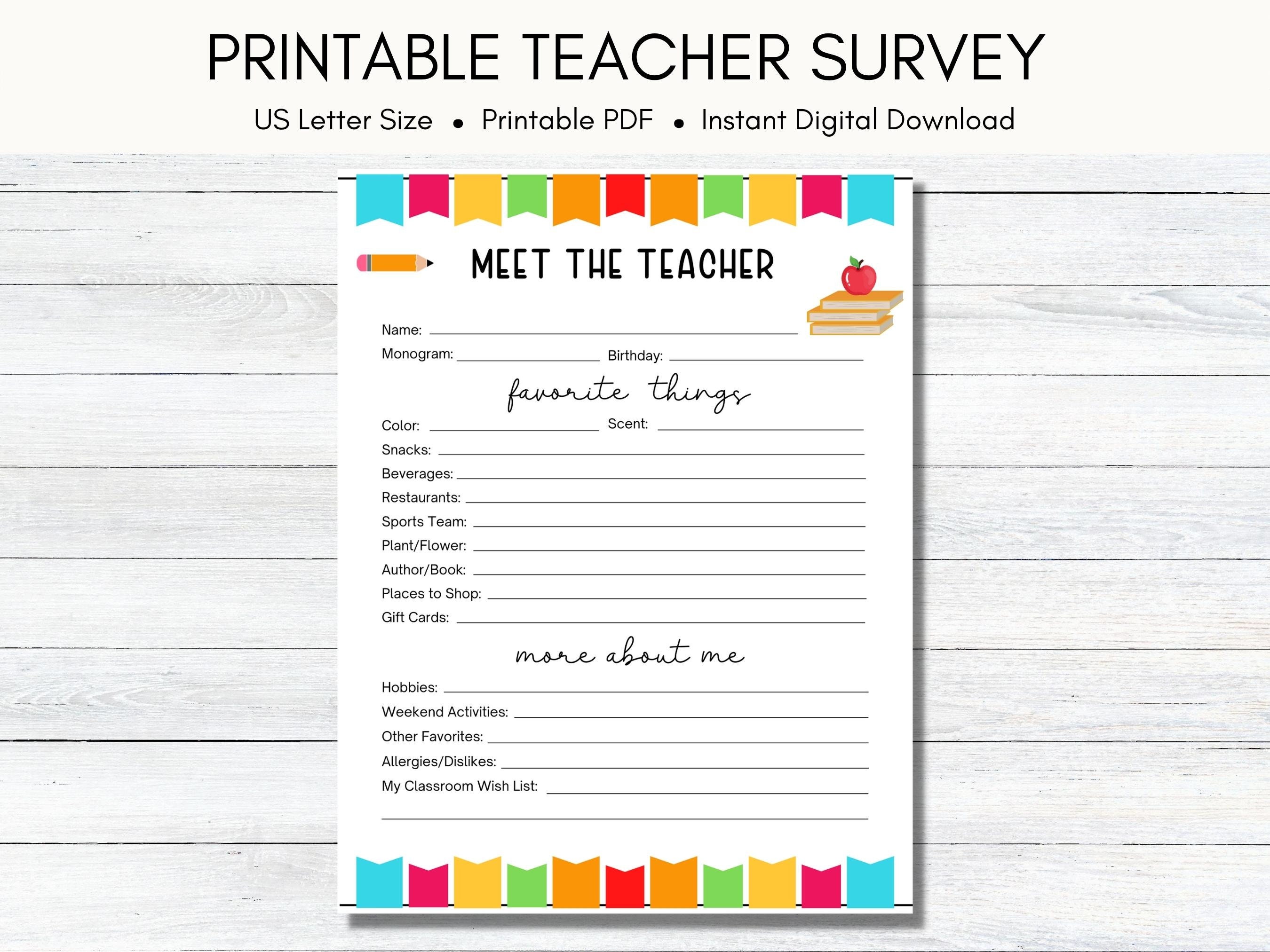 teacher favorite things questionnaire, printable instant download