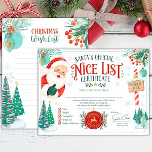 May include: A Christmas Wish List stationery sheet and a Santa's Official Nice List Certificate. Both feature watercolor illustrations of Santa Claus, pine trees, holly berries, and ornaments with festive text and checkboxes.