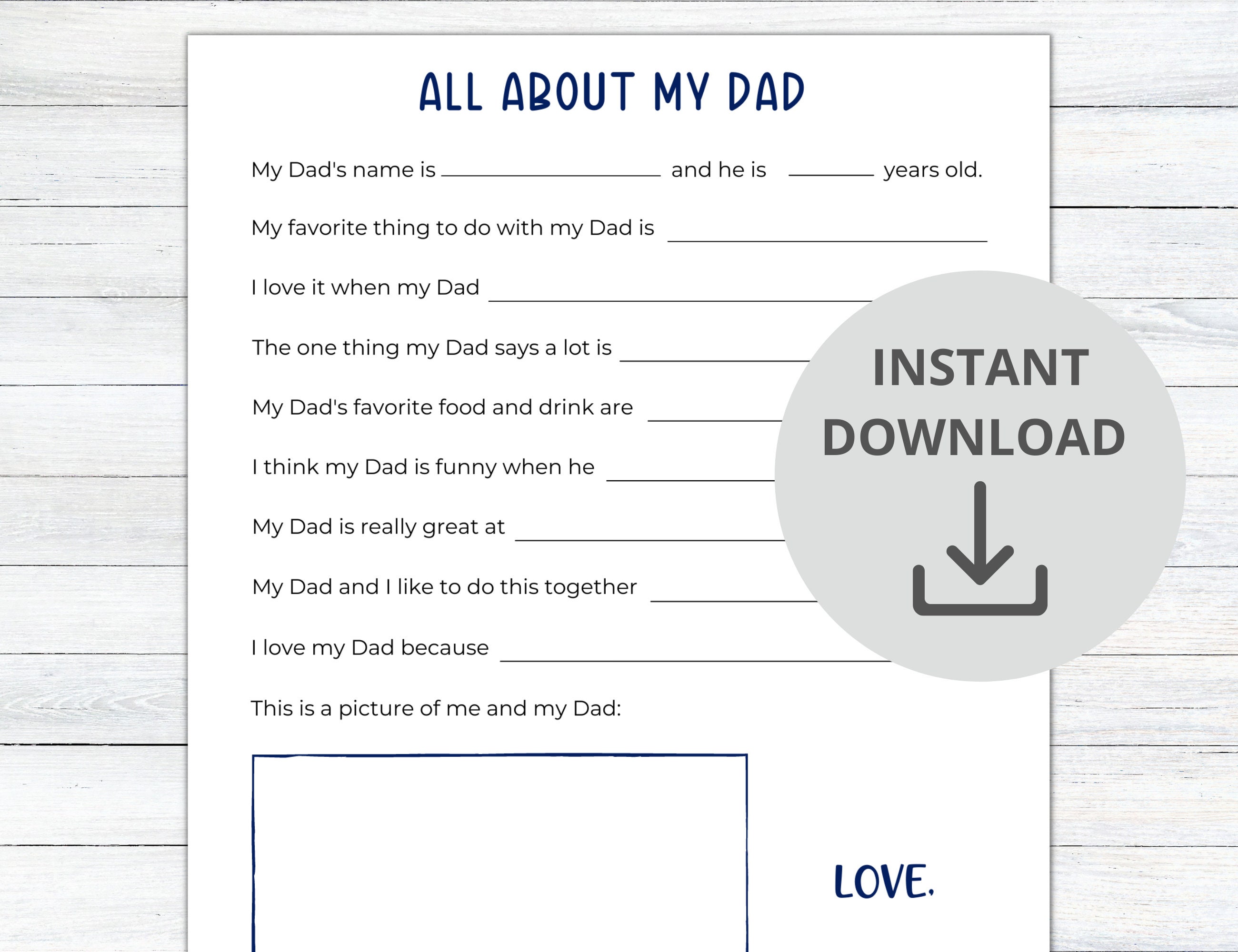 All About My Dad Printable, Instant Digital Download PDF, Father's Day ...